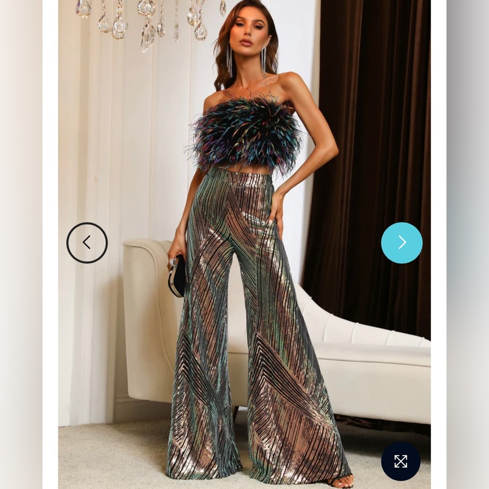 Faeristy Elegant Fur Tube 2 Piece Black Sequin Pants Set